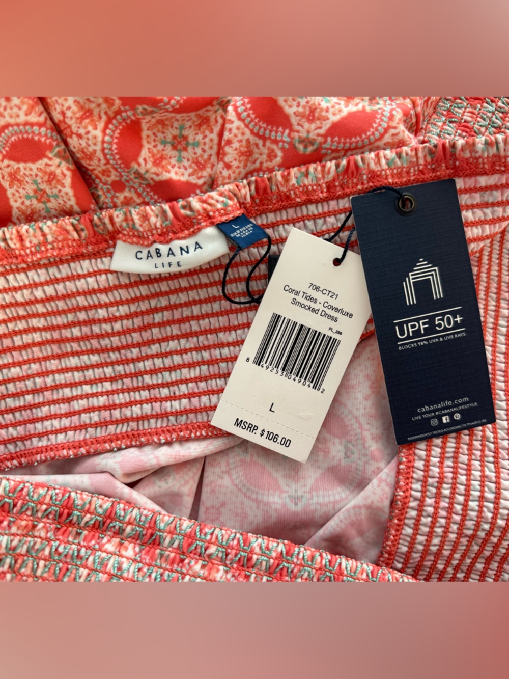 Cabana Life Coral Tides Smocked Off-the-Shoulder Dress Size Large NWT - Picture 3 of 6